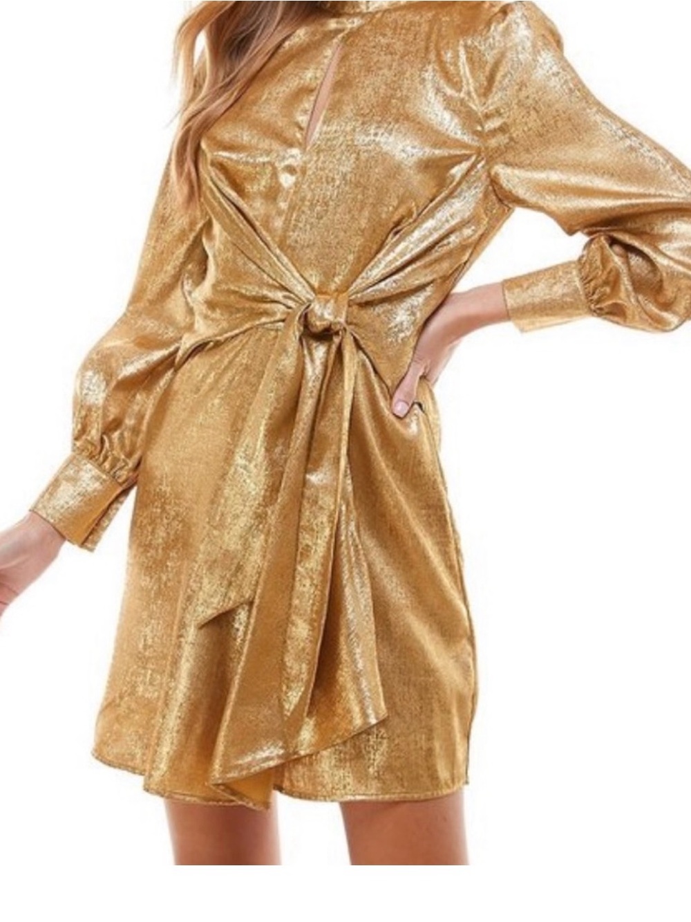 TCEC Gold Metallic Tie-Front Long Sleeve Mini Dress- NWOT